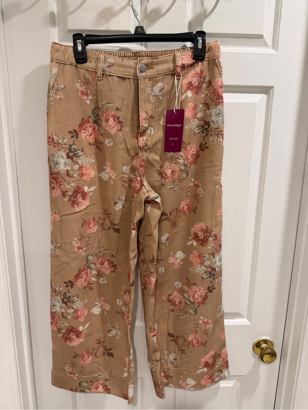 NWT Loveimgs Boutique Floral Wide-Leg Pants - Boho Beige Pink Rose Print Sz L